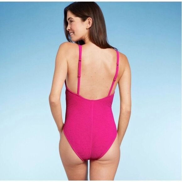 Kona Sol Pink Ribbed One Piece Swimsuit With Tortoise Rings Size Small - Picture 2 of 4